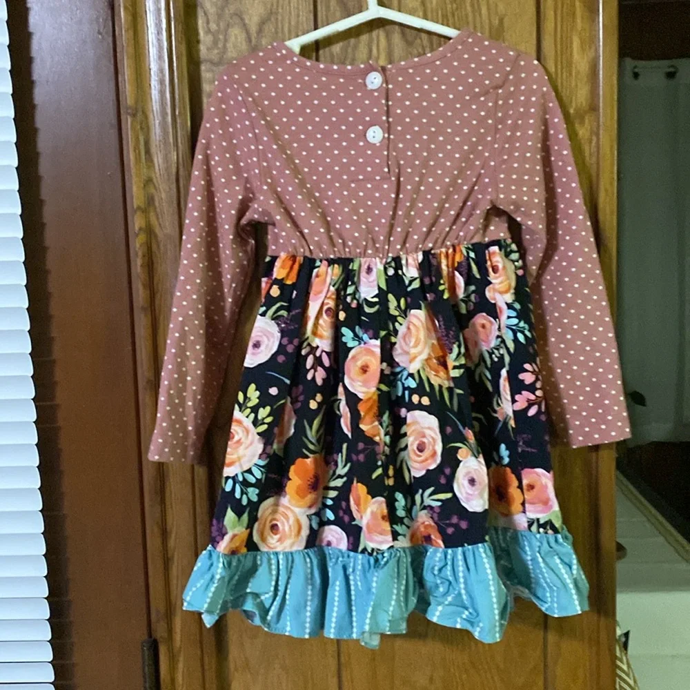 Ricrac & Ruffles Dress 4T  long sleeves Black with flowers pink green orange